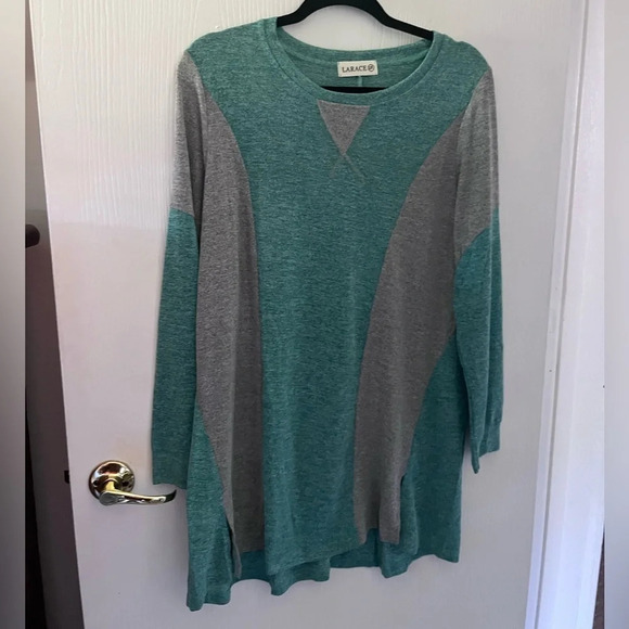 Larace Womens long sleeve tunic green gray size 2X cozy relaxed color block - Picture 1 of 7